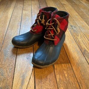 Sperry Red and Black Plaid Duck Boots